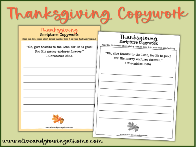 Thanksgiving Copywork - color and grayscale pages - Alive and Growing at Home