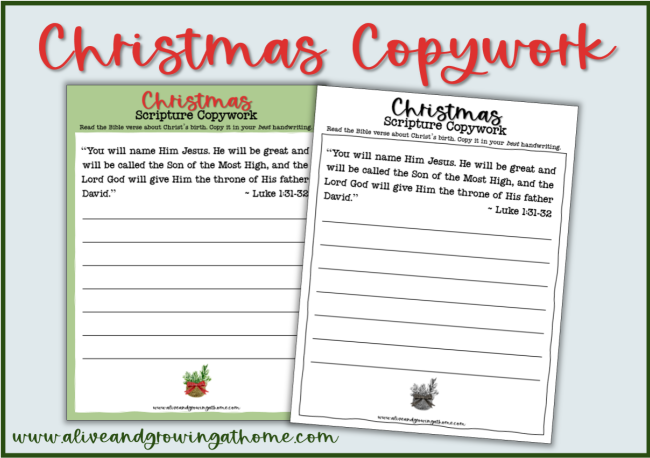 Christmas Copywork Pages - color and grayscale pages included - Alive and Growing at Home
