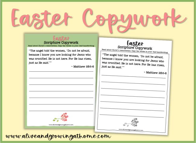 Easter Copywork Pages - color and grayscale pages - Alive and Growing at Home